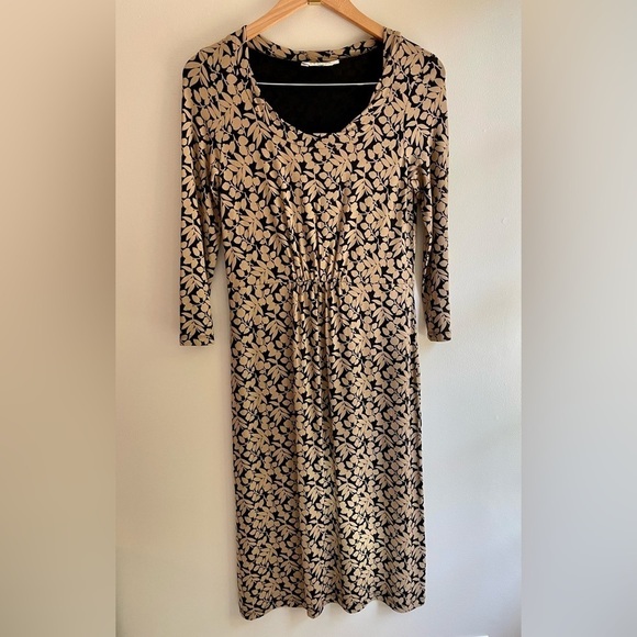 L.K. Bennett Jersey Scoop Neck Sheath Dress, Long Sleeve, Tan and Black Floral - Picture 1 of 3